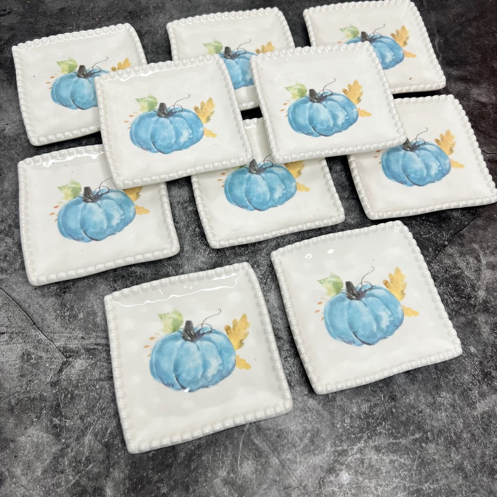 Small Square Tidbit Plates Blue Pumpkin | Set of 5 | Thanksgiving Fall Autumn